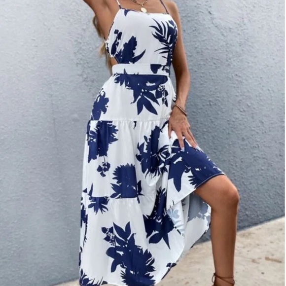 Boho Blue Floral Tropical Leaves Cut out Cami Ruffle Dress - Picture 10 of 12